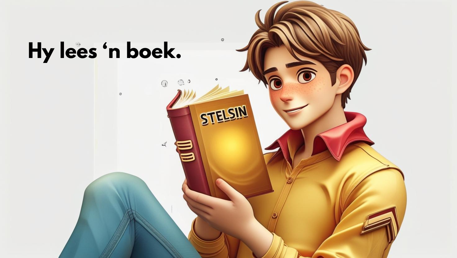 A boy reading a book called Stelsin.