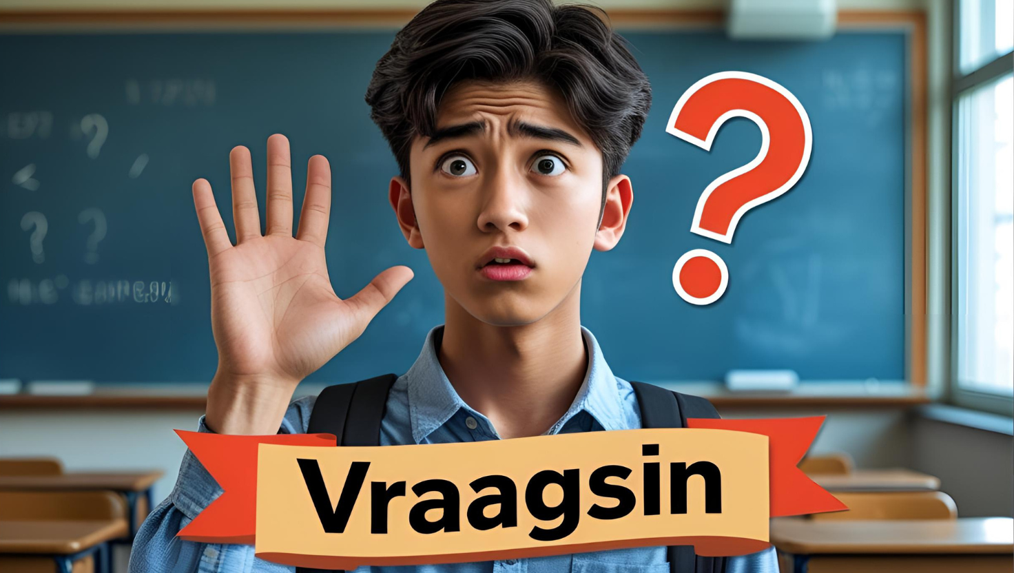 A confused boy indicating "Vraagsin"